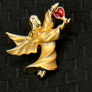 Giusti Vintage Gold Tone Angel Brooch with Rotating Red Heart Rhinestone